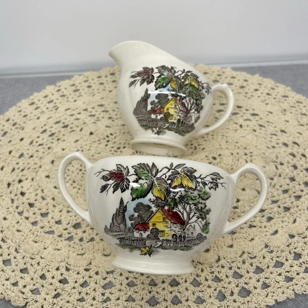 Vintage 1955 J & G Meakin Welcome Home Sugar & Creamer Set England Missing Lid